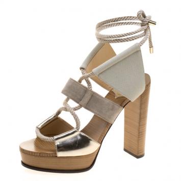 Pre Owned Jimmy Choo Metallic Gold Leather And Suede Halley Open Toe Sandals Size 37.5