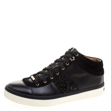 Pre Owned Jimmy Choo Black Leather And Crystal Studded Suede Bells Lace Up Sneakers Size 39.5