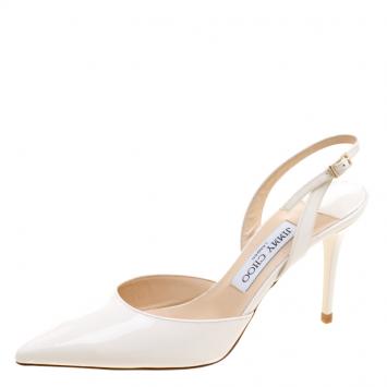 Pre Owned Jimmy Choo Off White Patent Leather Tilly Pointed Toe Slingback Sandals Size 38