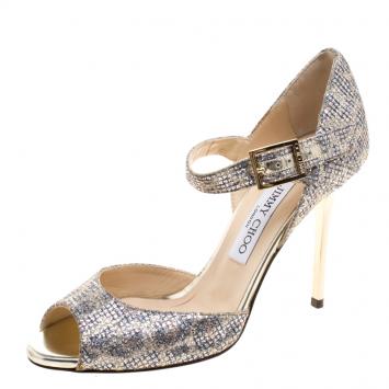Pre Owned Jimmy Choo Glitter Fabric Lace Peep Toe Ankle Strap Sandals Size 37