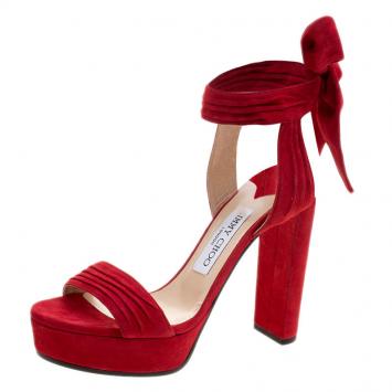 Pre Owned Jimmy Choo Red Pleated Suede Kaytrin Ankle Wrap Platform Sandals Size 36.5
