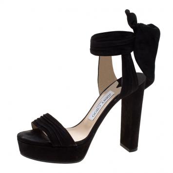 Pre Owned Jimmy Choo Black Pleated Suede Kaytrin Ankle Wrap Platform Sandals Size 36.5