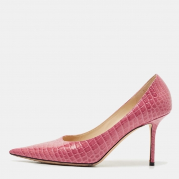 Jimmy Choo Pink Croc Embossed Leather Love Pointy Pumps Size 40