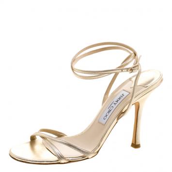 Pre Owned Jimmy Choo Metallic Gold Leather Suave Ankle Strap Sandals Size 38.5