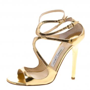 Pre Owned Jimmy Choo Metallic Gold Mirror Leather Lance Strappy Sandals Size 38