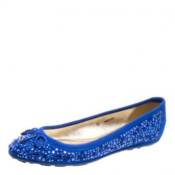 Pre Owned Jimmy Choo Blue Crystal Embellished Suede Weber Ballet Flats Size 38