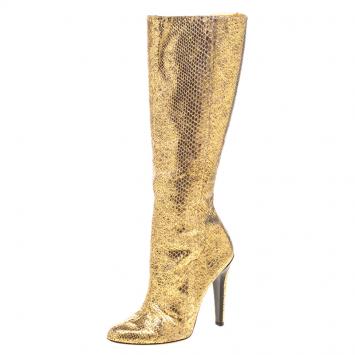 Pre Owned Jimmy Choo Metallic Gold Snakeskin Knee High Boots Size 39.5