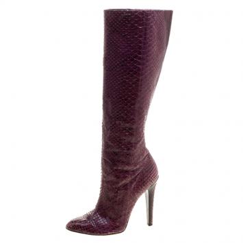 Pre Owned Jimmy Choo Burgundy Python Leather Knee High Boots Size 39