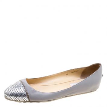 Pre Owned Jimmy Choo Grey Leather Waine Ballet Flats Size 38