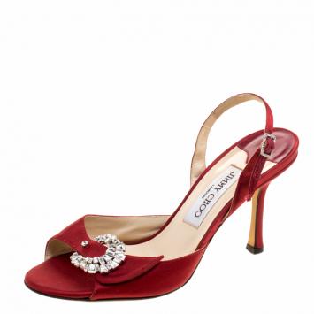 Pre Owned Jimmy Choo Red Satin Crystal Embellished Slingback Sandals Size 37.5