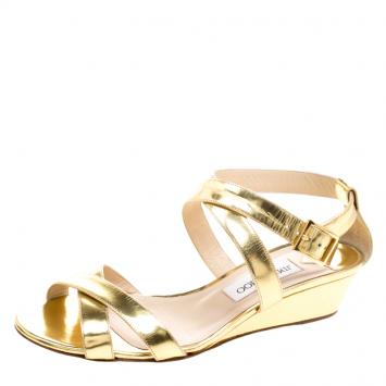 Pre Owned Jimmy Choo Gold Patent Leather Connor Wedge Sandals Size 39