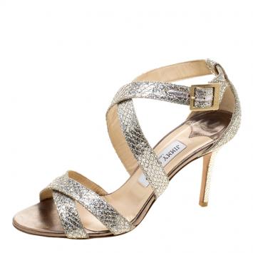 Pre Owned Jimmy Choo Silver Glitter Louise Strappy Sandals Size 38.5