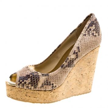 Pre Owned Jimmy Choo Beige Snakeskin Embossed Leather Papina Peep Toe Cork Wedge Pumps Size 36