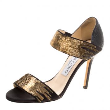 Pre Owned Jimmy Choo Black Satin and Python Tallow Gold Sequined Sandals Size 35.5