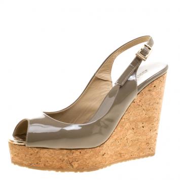 Pre Owned Jimmy Choo Grey Patent Leather Prova Slingback Cork Wedge Sandals Size 37