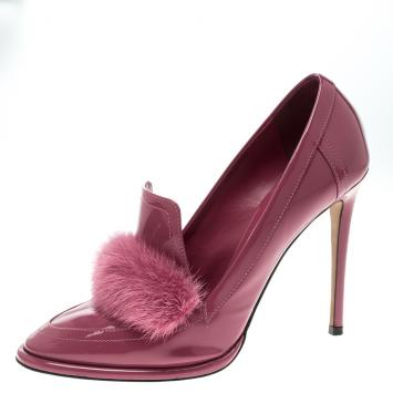 Pre Owned Jimmy Choo Pink Patent Leather Mink Fur Trim Lyza Loafer Pumps Size 37