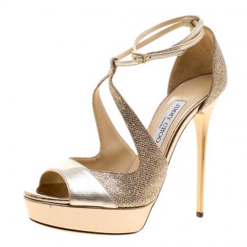 Pre Owned Jimmy Choo Metallic Beige Leather and Lamè Fabric Valdia Ankle Strap Platform Sandals Size 40