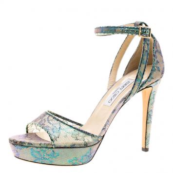 Pre Owned Jimmy Choo Holographic Lace Kayden Ankle Strap Platform Sandals Size 40.5
