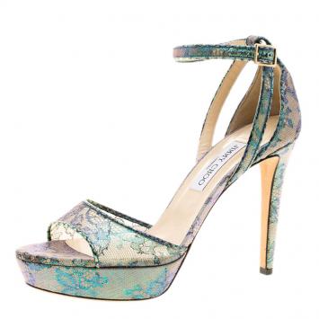 Pre Owned Jimmy Choo Holographic Lace Kayden Ankle Strap Platform Sandals Size 37.5