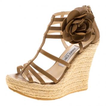 Pre Owned Jimmy Choo Brown Leather Pulse Flower Embellished Cage Espadrille Wedges Size 37
