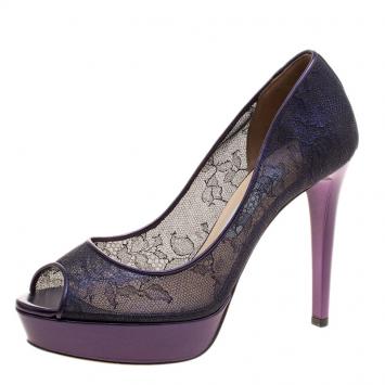 Pre Owned Jimmy Choo Metallic Purple Lace Dahlia Peep Toe Platform Pumps Size 38