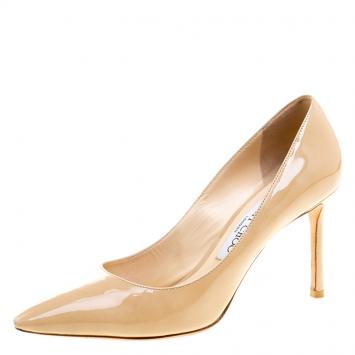 Pre Owned Jimmy Choo Beige Patent Leather Anouk Pointed Toe Pumps Size 37.5