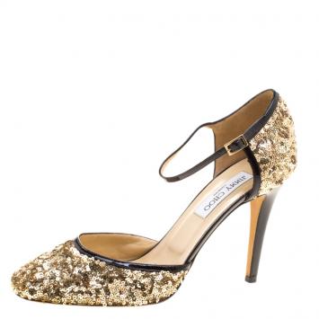 Pre Owned Jimmy Choo Gold Sequins and Black Leather Tessa Ankle Strap Sandals Size 40