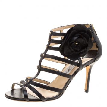 Pre Owned Jimmy Choo Black Leather Opulance Floral Embellished Cage Sandals Size 38