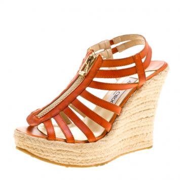 Pre Owned Jimmy Choo Orange Leather Palermo Wedge Sandals Size 38.5
