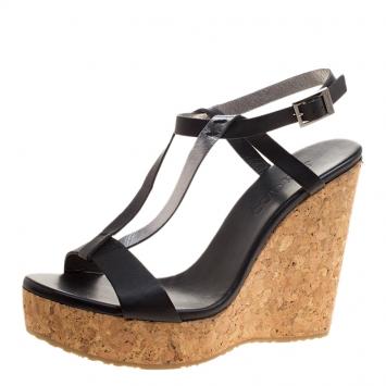 Pre Owned Jimmy Choo Black Leather Native Cork Wedge Sandals Size 41