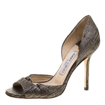 Pre Owned Jimmy Choo Metallic Grey Leather Hyacinth Chain Embellished Peep Toe D'orsay Sandals Size 35