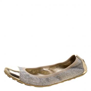 Pre Owned Jimmy Choo Silver Lamè and Metallic Leather Cap Toe Winnie Scrunch Ballet Flats Size 37