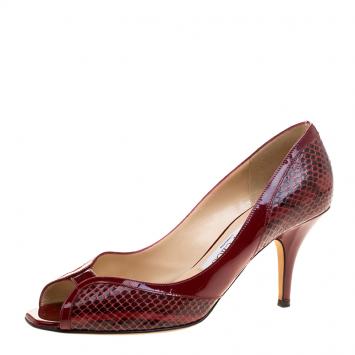 Pre Owned Jimmy Choo Burgundy Python and Patent Leather Lynne Peep Toe Pumps Size 38