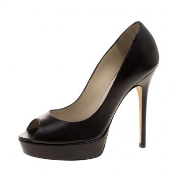 Pre Owned Jimmy Choo Black Leather Crown Peep Toe Platform Pumps Size 36