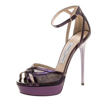 Pre Owned Jimmy Choo Purple Leather and Lace Laurita Platform Ankle Strap Sandals Size 36.5