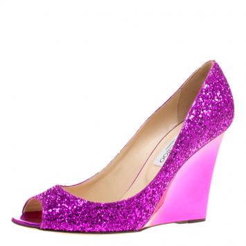 Pre Owned Jimmy Choo Purple Glitters Baxen Peep Toe Wedge Pumps Size 40