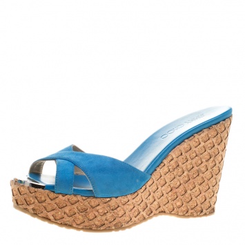 Pre Owned Jimmy Choo Blue Suede Perfume Cross Strap Cork Wedge Slides Size 37