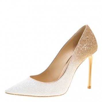 Pre Owned Jimmy Choo Optic White And Beige Coarse Glitter Degradé Romy Pointed Toe Pumps Size 38