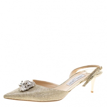 Pre Owned Jimmy Choo Metallic Gold Mesh Tide Crystal Embellished Pointed Toe Slingback Sandals Size 41