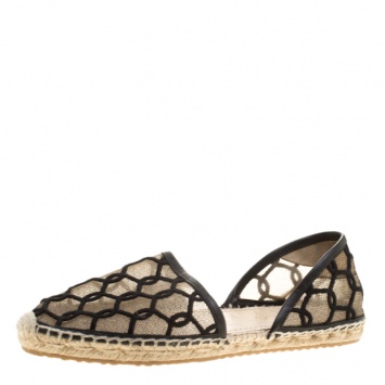 Pre Owned Jimmy Choo Black Embroidered Mesh Dreya D'orsay Flat Espadrilles Size 38
