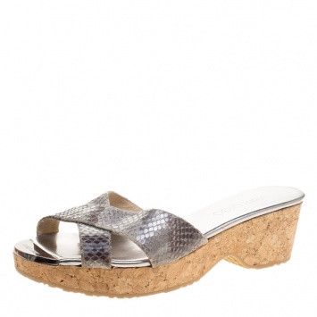Pre Owned Jimmy Choo Grey Embossed Python Leather Panna Cork Wedge Sandals Size 38