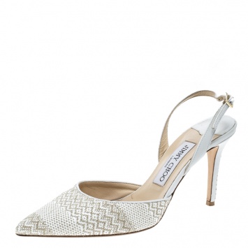 Pre Owned Jimmy Choo White And Brown Woven Tilly Pointed Toe Slingback Sandals Size 37.5