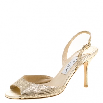 Pre Owned Jimmy Choo Metallic Gold Glitter Lamè Fabric Laser Slingback Sandals Size 38