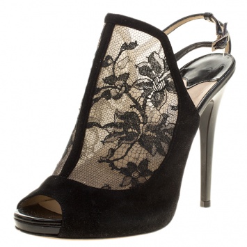 Pre Owned Jimmy Choo Black Lace Maylen Peep Toe Ankle Strap Sandals Size 37