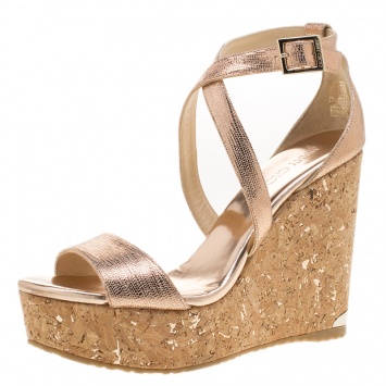 Pre Owned Jimmy Choo Metallic Bronze Suede Portia Cork Wedge Cross Strap Sandals Size 39