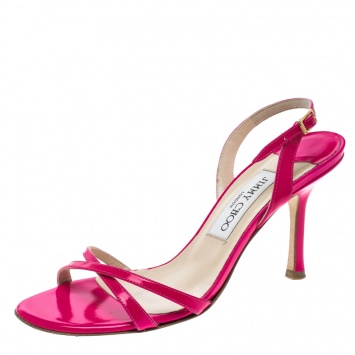 Pre Owned Jimmy Choo Neon Pink Leather Slingback Sandals Size 37.5