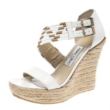 Pre Owned Jimmy Choo White Leather Woven Cross Strap Espadrille Wedge Sandals Size 38