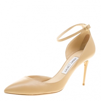 Pre Owned Jimmy Choo Beige Leather Lucy Ankle Strap Pointed Toe D'orsay Pumps Size 38.5