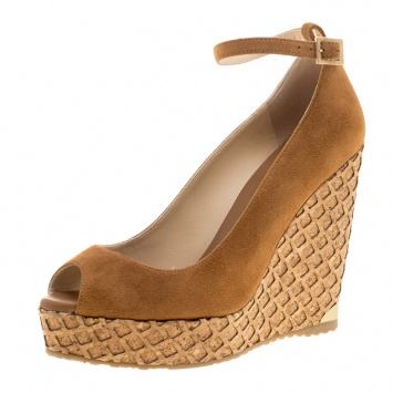 Pre Owned Jimmy Choo Beige Suede Pacific Peep Toe Ankle Strap Cork Wedge Pumps Size 36.5