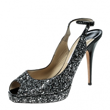 Pre Owned Jimmy Choo Metallic Silver Coarse Glitter Clue Peep Toe Slingback Sandals Size 41.5